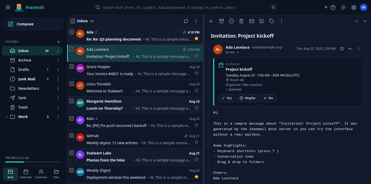 Inbox, dark theme