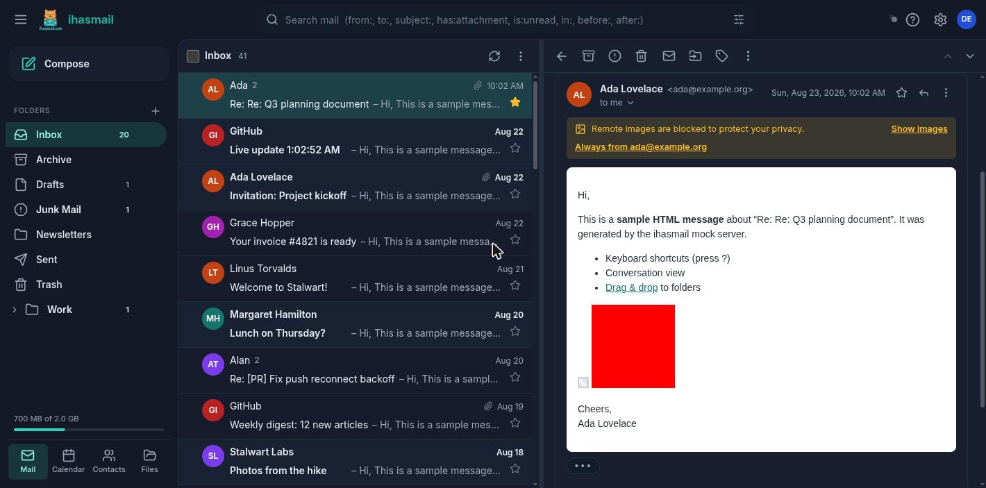 Inbox, dark theme
